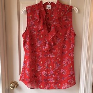 Cabi Sleeveless red ruffle neck sheer floral blouse